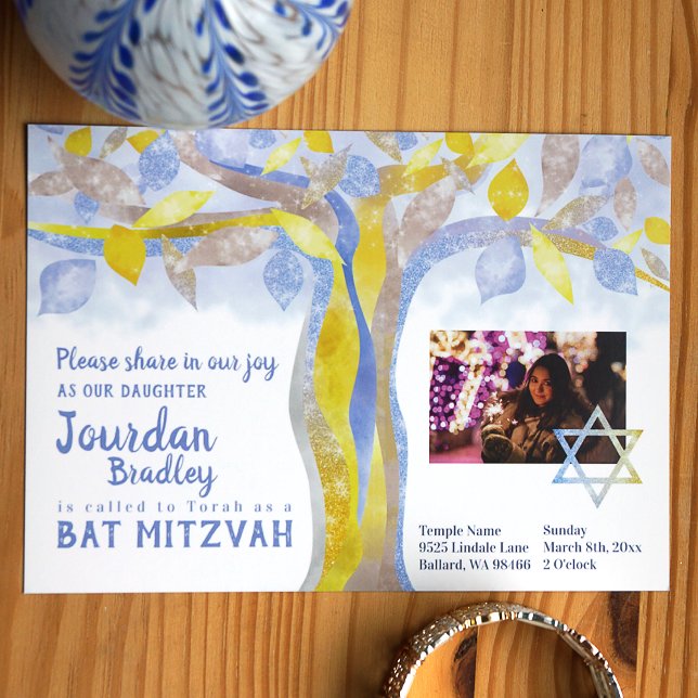 Gold, Yellow, Blue Tree of Life Bat Mitzvah Invitation (Blue and yellow tree of life with sparkly leaves, star of david over photo)