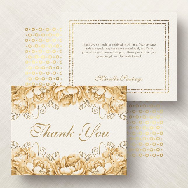 Gold Yellow Elegant Floral Quinceanera Thank You Card (Creator Uploaded)