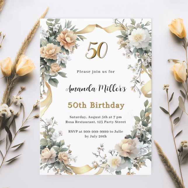 Gold yellow florals ribbon birthday invitation (Creator Uploaded)