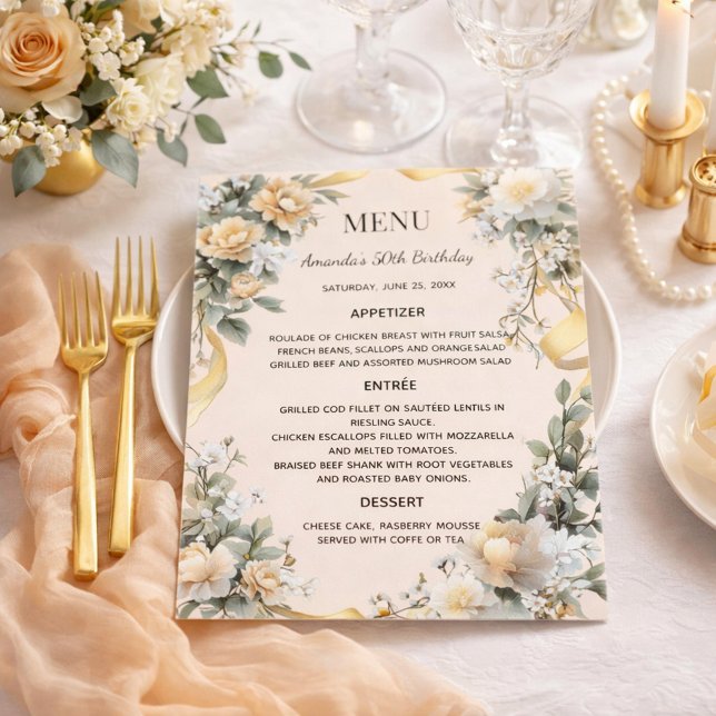 Gold yellow florals ribbon wedding menu card (Creator Uploaded)
