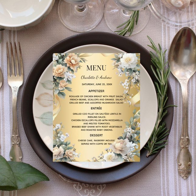 Gold yellow florals wedding anniversary menu card (Creator Uploaded)