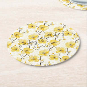 Gold Yellow Flowers Birthday Round Paper Coaster