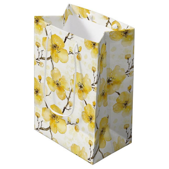 Gold Yellow Flowers Bridal Shower Medium Gift Bag (Front Angled)