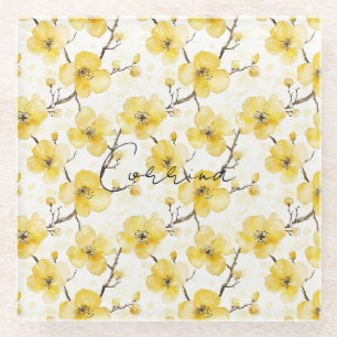 Gold Yellow Flowers Glass Coaster