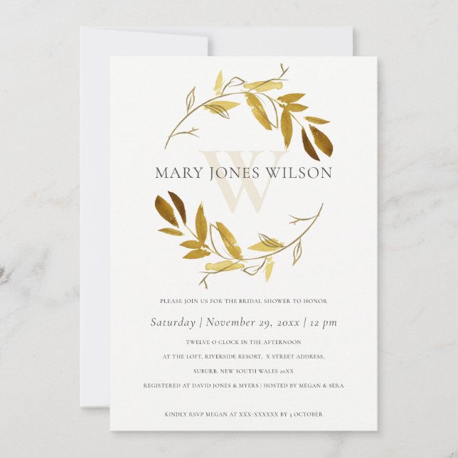 GOLD YELLOW FOLIAGE WREATH BRIDAL SHOWER CARD (Front)