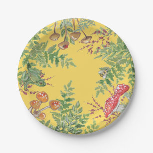Gold Yellow Forest Frog Bee Mushroom Rustic Picnic Paper Plate