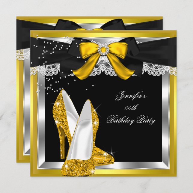 Gold Yellow Glitter High Heel Silve Birthday Party Invitation (Front/Back)