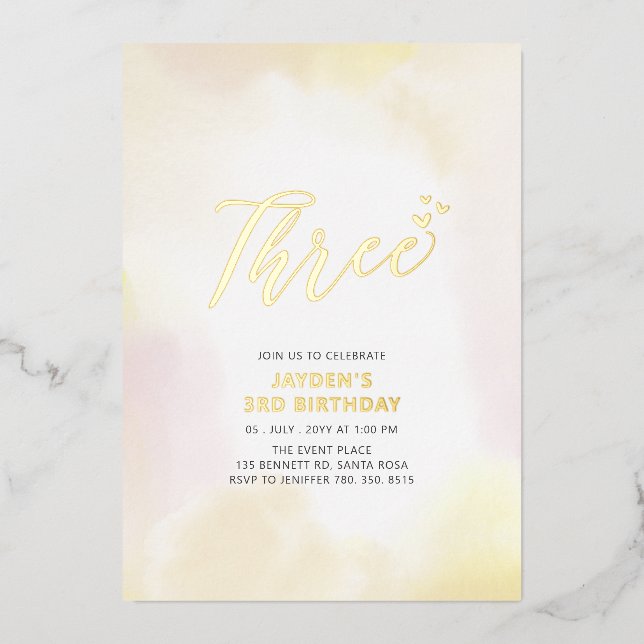 Gold & Yellow Heart Three 3rd Birthday Party (Front)