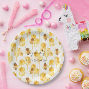 Gold Yellow Honey Bees Baby Shower Paper Plate
