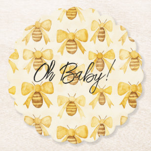 Gold Yellow Honey Bees Bows Baby Shower Paper Coaster