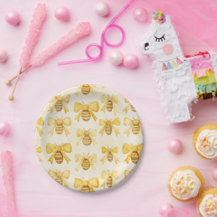 Gold Yellow Honey Bees Bows Birthday Paper Plate