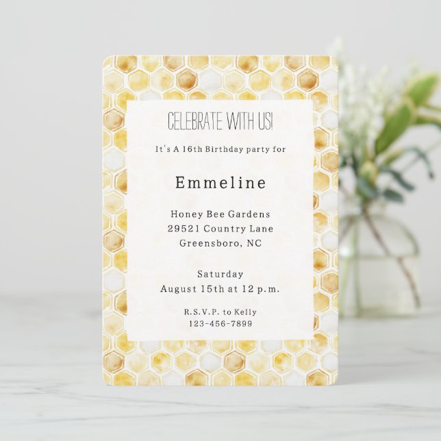 Gold Yellow Honeycomb Birthday Invitation (Standing Front)