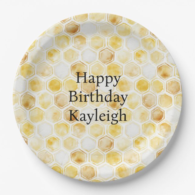 Gold Yellow Honeycomb Birthday Paper Plate (Front)