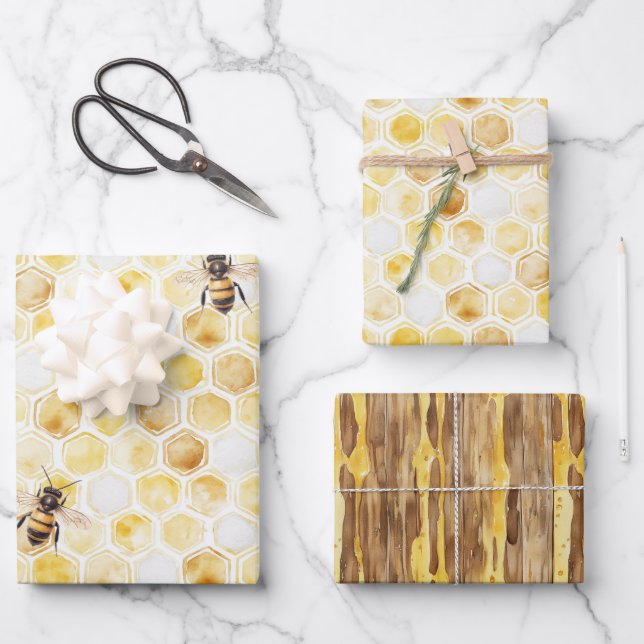 Gold Yellow Honeycomb Birthday Wrapping Paper Sheet (Front)