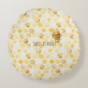 Gold Yellow Honeycomb Sweet Cute Honey Bee Round Cushion