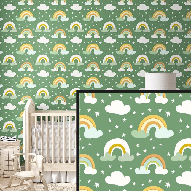 Gold Yellow Rainbows, Clouds & Stars on Green Wallpaper (Creator Uploaded)