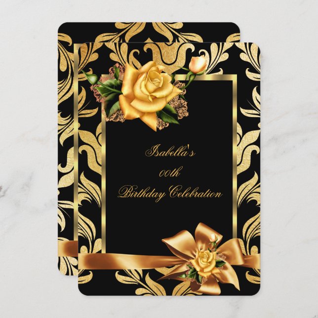 Gold Yellow Rose Bow Black Damask Birthday Party Invitation (Front/Back)