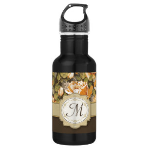 Gold Yellow Roses on Brown with Monogram 532 Ml Water Bottle