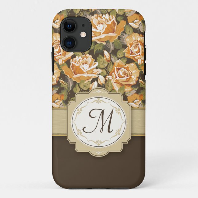 Gold Yellow Roses on Brown with Monogram Case-Mate iPhone Case (Back)