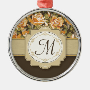 Gold Yellow Roses on Brown with Monogram Metal Tree Decoration