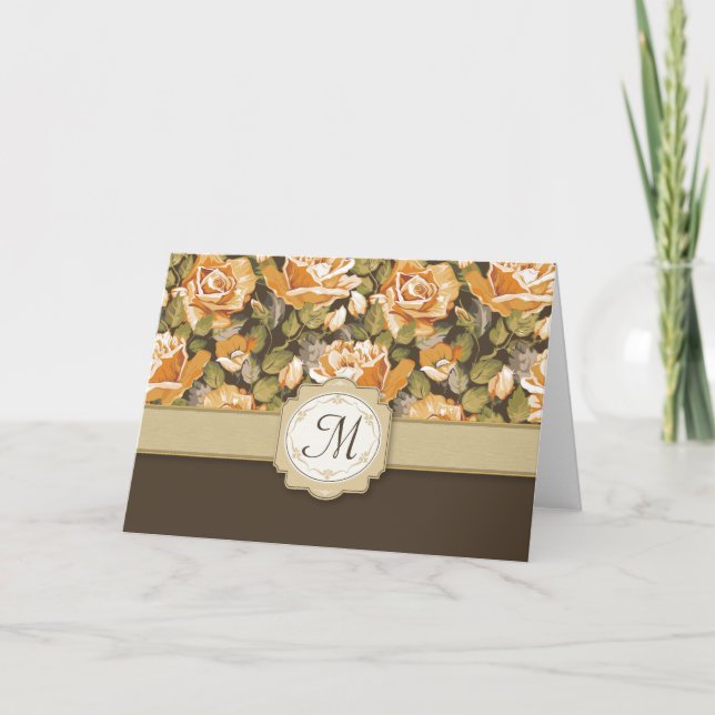 Gold Yellow Roses on Brown with Monogram Note Card (Front)