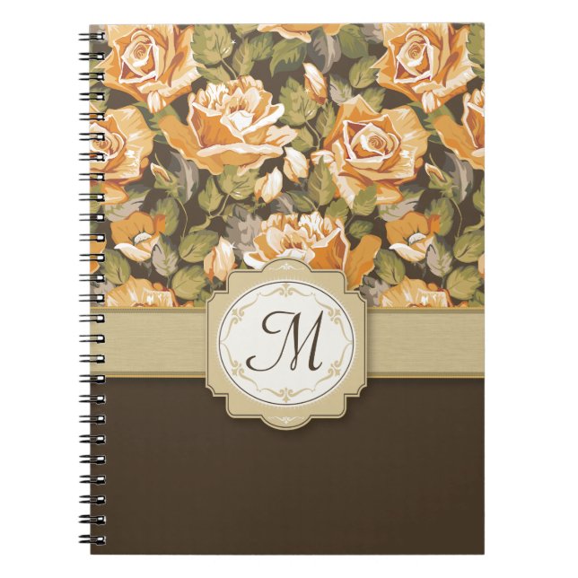 Gold Yellow Roses on Brown with Monogram Spiral Notebook (Front)