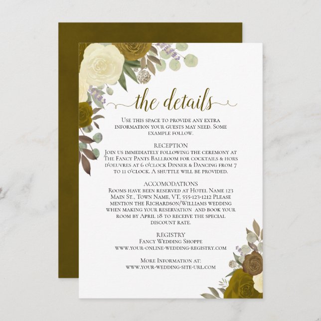 Gold & Yellow Roses Rustic Boho Wedding Details Enclosure Card (Front/Back)