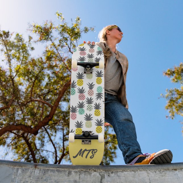 Gold Yellow Vintage Pineapple Pattern Monogram Skateboard (Outdoor 1)