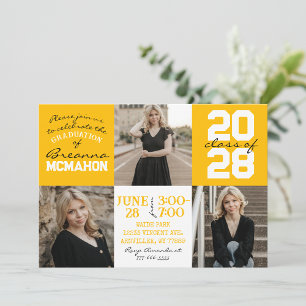 Gold Yellow & White 3 Photo Graduation Invitation