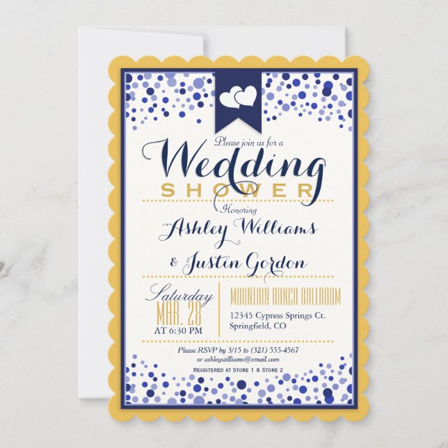 Gold Yellow, White, & Navy Blue Wedding Shower Invitation (Front)