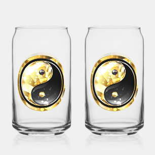 Gold Yin Yang on black Can Glass