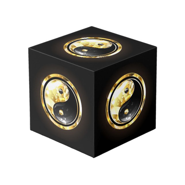 Gold Yin Yang on black Cube (Front Angled)