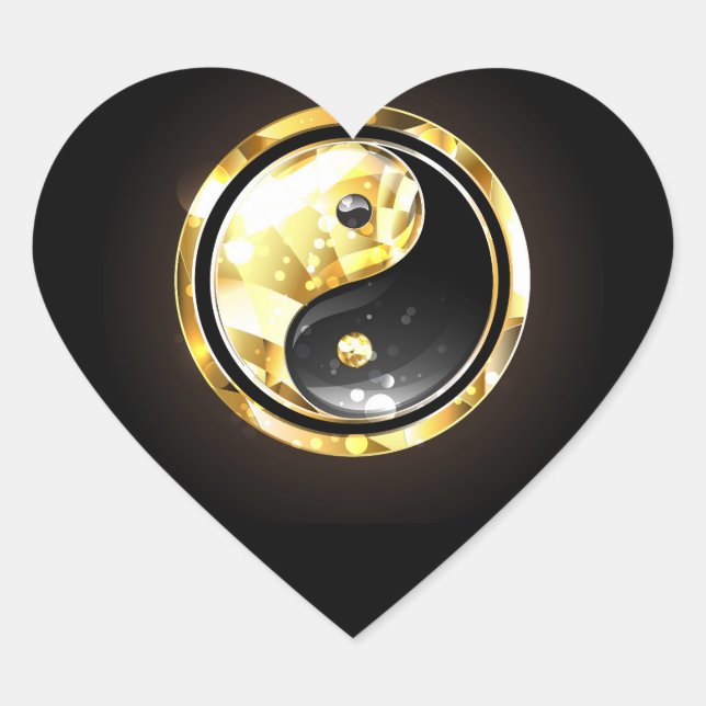 Gold Yin Yang on black Heart Sticker (Front)
