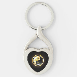 Gold Yin Yang on black Key Ring