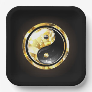 Gold Yin Yang on black Paper Plate