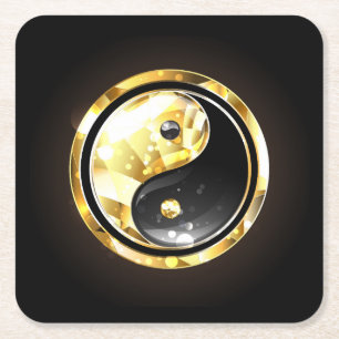 Gold Yin Yang on black Square Paper Coaster