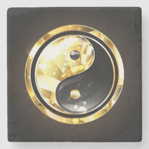 Gold Yin Yang on black Stone Coaster