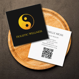 Gold Yin Yang Symbol Holistic Healer QR code  Square Business Card