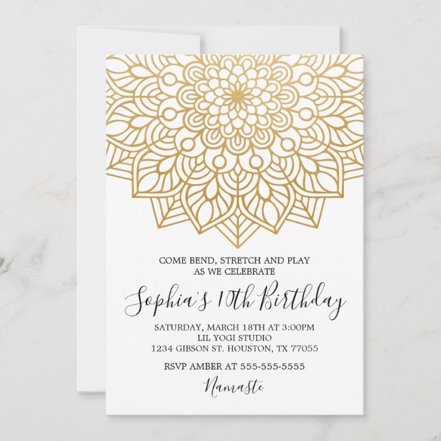 Gold Yoga Birthday Invitation (Front)