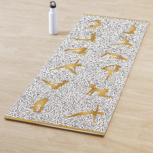 Gold Yoga Pose Silhouettes on Black & White Yoga Mat