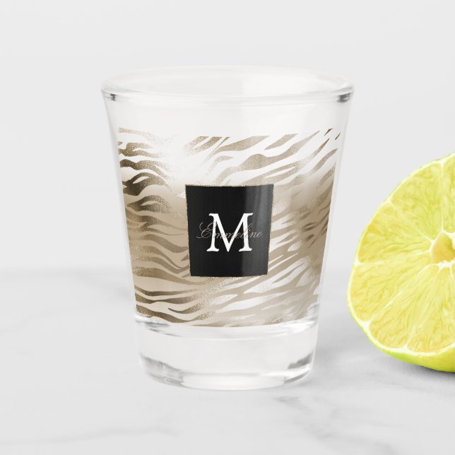 Gold Zebra Animal Print Monogram        Shot Glass (Front)
