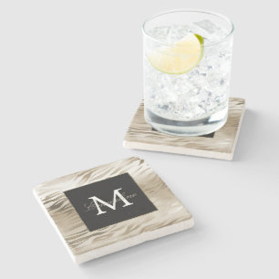 Gold Zebra Animal Print Monogram      Stone Coaster