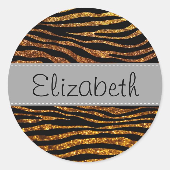 Gold Zebra, Glitter Zebra, Zebra Print, Your Name Classic Round Sticker (Front)