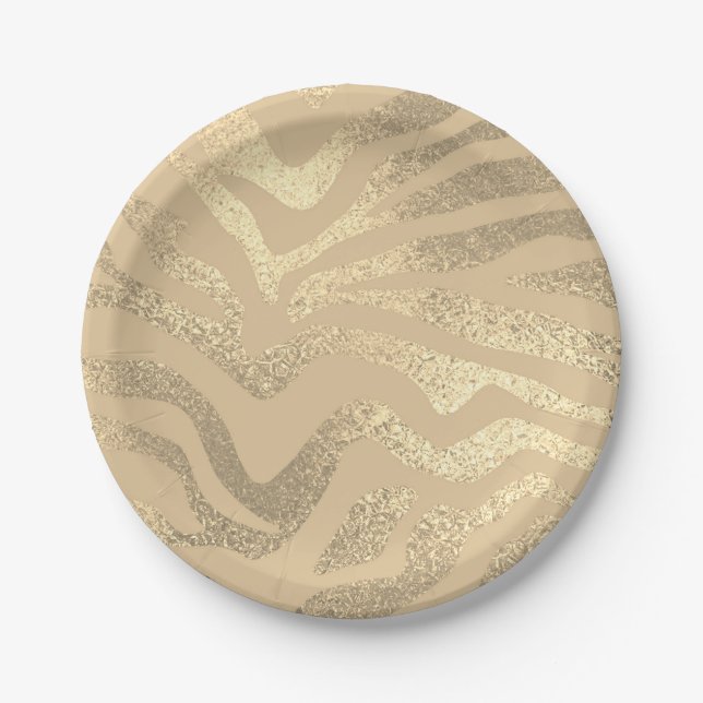Gold zebra striped animal print metallic look paper plate (Front)