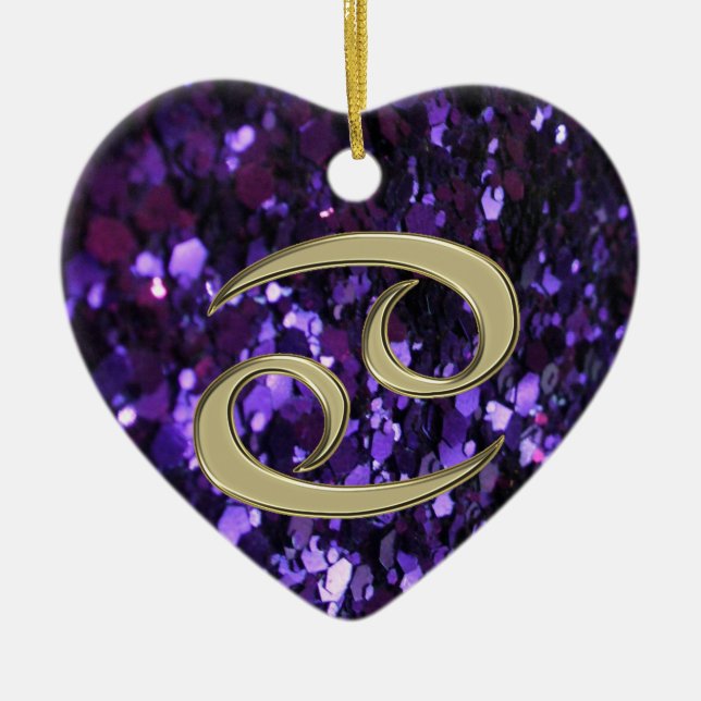 Gold Zodiac Sign Cancer on Purple Glitter Ornament (Front)