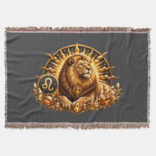 Gold Zodiac Sign Leo With Gemstones Grey Throw Blanket