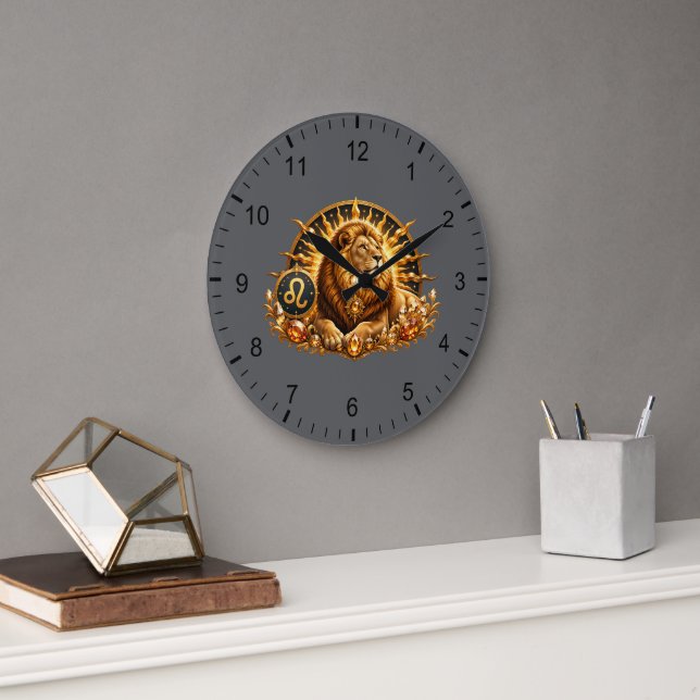Gold Zodiac Sign Leo With Gemstones Large Clock (Office)