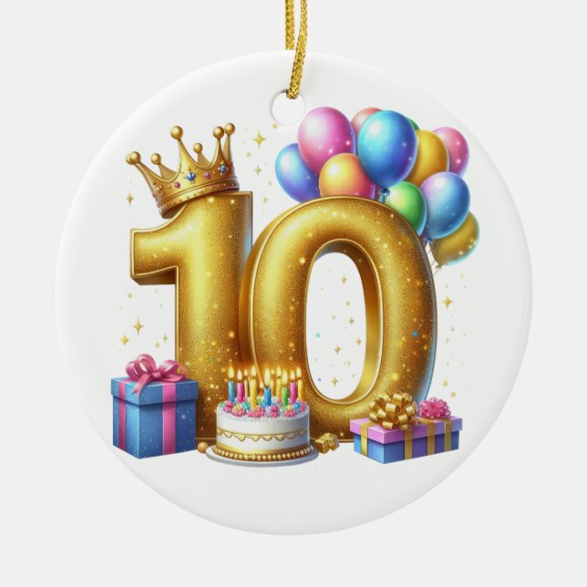 Golden 10th Birthday Ceramic Tree Decoration (Front)