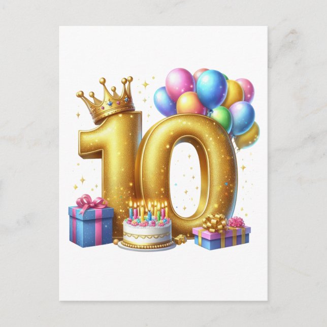 Golden 10th Birthday Invitation Postcard (Front)