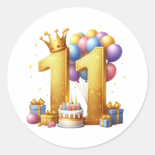 Golden 11th Birthday Classic Round Sticker (Front)